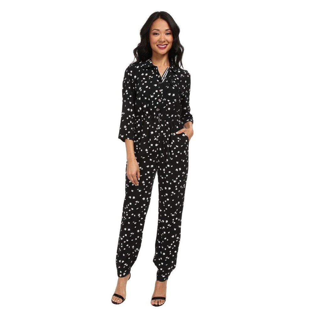 TWO by VINCE CAMUTO Feathered Dash 3/4 Sleeve Utility JUMPSUIT Pop Rich BLACK XS